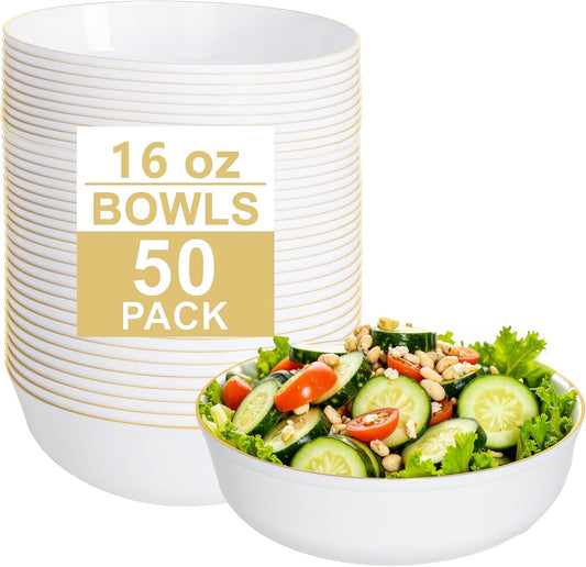 I00000 50 Pack White Plastic Bowls with Gold Rim,16 oz Disposable Soup Bowls,Premium Heavy Plastic Serving Bowls Ideal for Thanksgiving Party