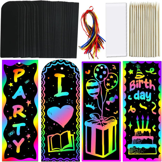 ZMLM Scratch Paper Art Bookmarks Kids: 36 Set Magic Rainbow DIY Art Craft Paper Bookmark Gift Tag Party Favor Goodie Bags Stuffers Pack Activity Bulk Making Kit for Boys Girls Birthday Game Classroom