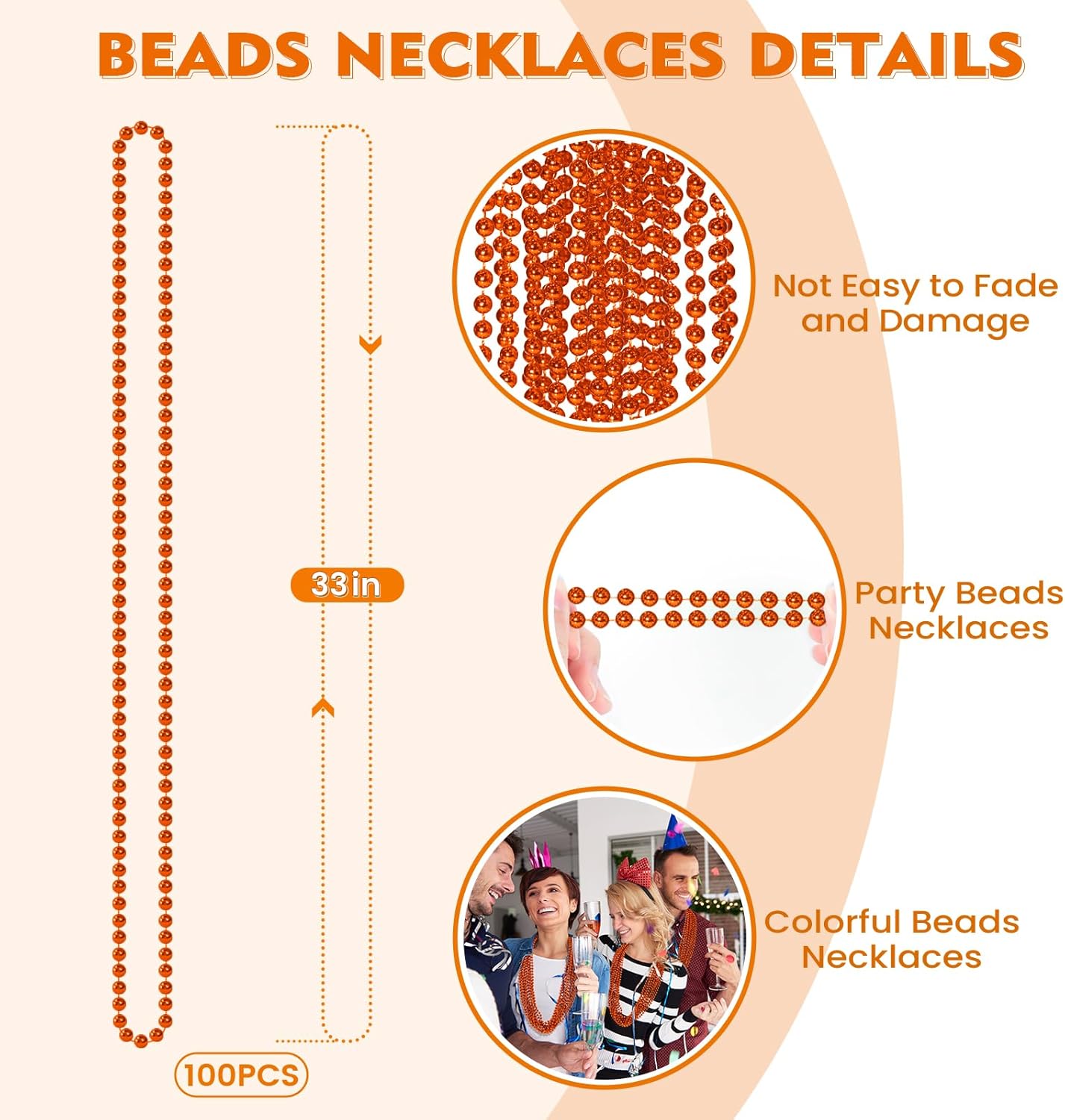SHAOQINLIN 100 PCS Orange Bead Necklace, Orange Mardi Gras Beads, Halloween Necklaces, 33 Inch Party Beads Round Beaded Necklace for Mardi Gras, Christmas, Halloween