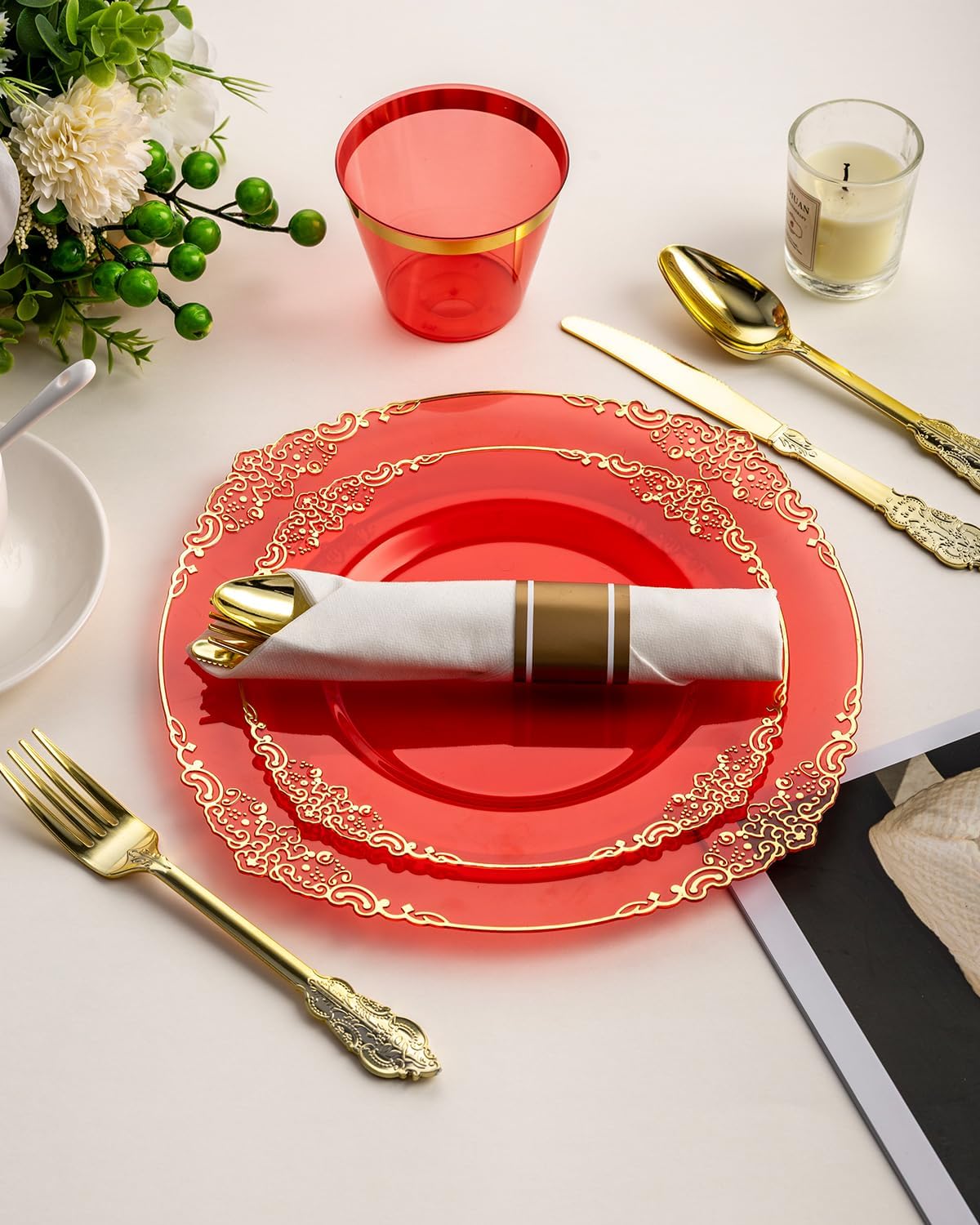 Goodluck 350 Piece Red Dinnerware Set for 50 Guests, Fancy Disposable Plates, Include: 100 Red Rim Plastic Plates, 150 Silverwares, 50 Pre Rolled Napkins, 50 Cups for Party, Wedding