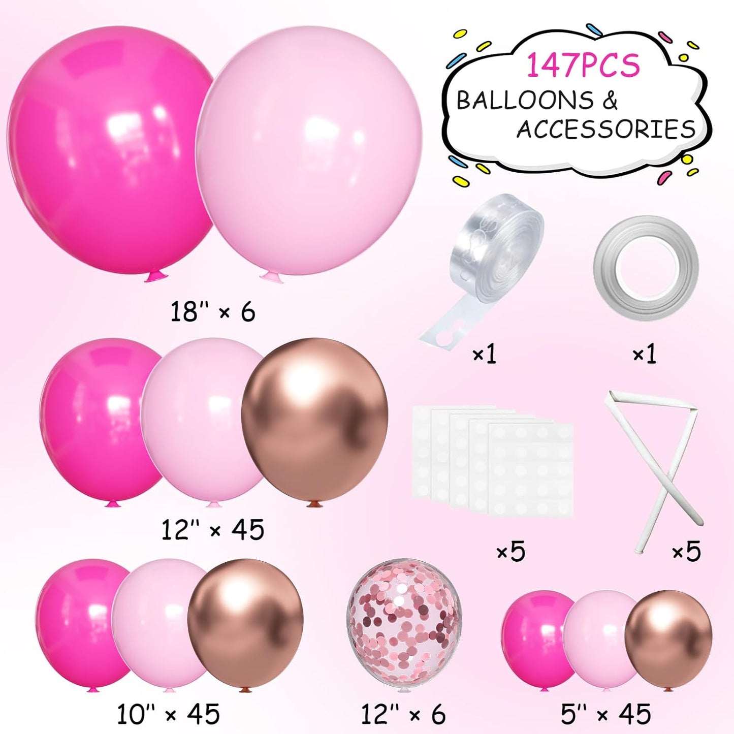 Pink and Rose Gold Balloon Garland Arch Kit, 147Pcs Hot Pastel Pink Metallic Rose Gold Balloons with Confetti for Bridal Baby Shower Birthday Princess Wedding Mother's Day