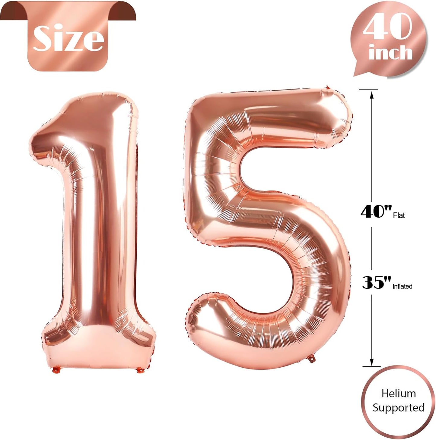 Rose Gold Number 15 Balloon 40 inch, 15 Number Balloons, 15th Birthday Decorations for Girls Boys, 15 Year Old Rose Gold Party Supplies