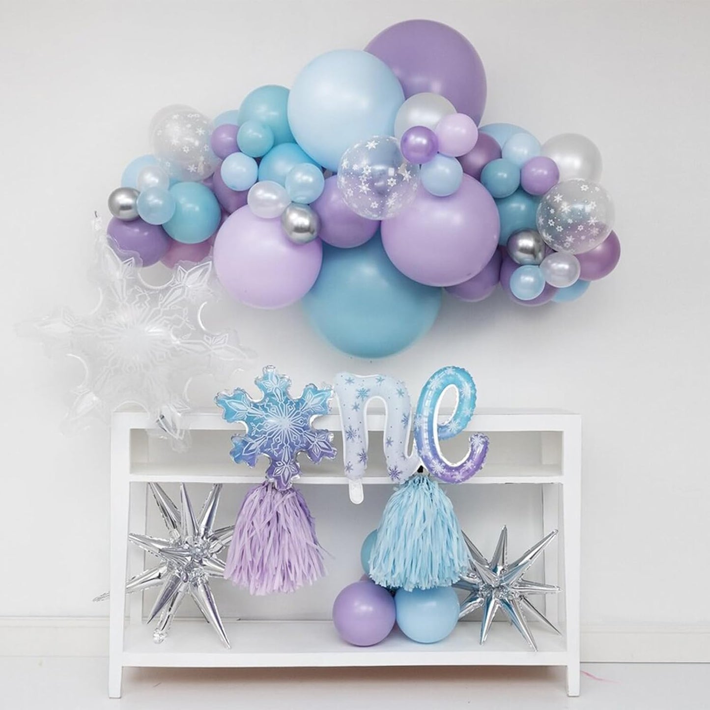 60Pcs Snowflake Balloons, Dusty Light Blue Purple Metallic Dark Blue Snowflake Clear Silver Confetti Latex Balloon for Girls Winter Wonderland Birthday Ice Baby Shower Christmas Party Decorations