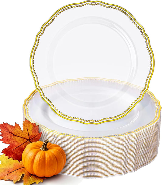 Hioasis 60pcs Clear Plastic Plates - Clear and Gold Disposable Dinnerware with Gold Rim, Heavy-duty, 7.5 inch, Dessert Plates for Party & Wedding