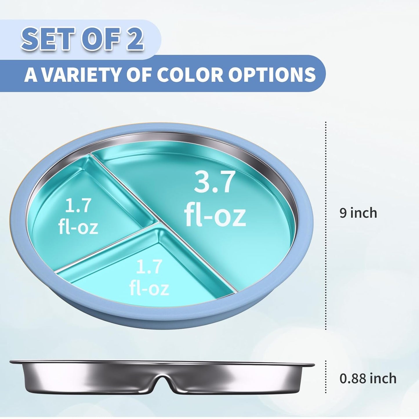 Stainless Steel Toddler Plate with Suction, 9” Divided Plates with Removable Silicone Sleeves for Kids, Non Toxic & BPA Free | Non Slip | Unbreakable Baby Snack Dishes Set of 2, Blue & Gray