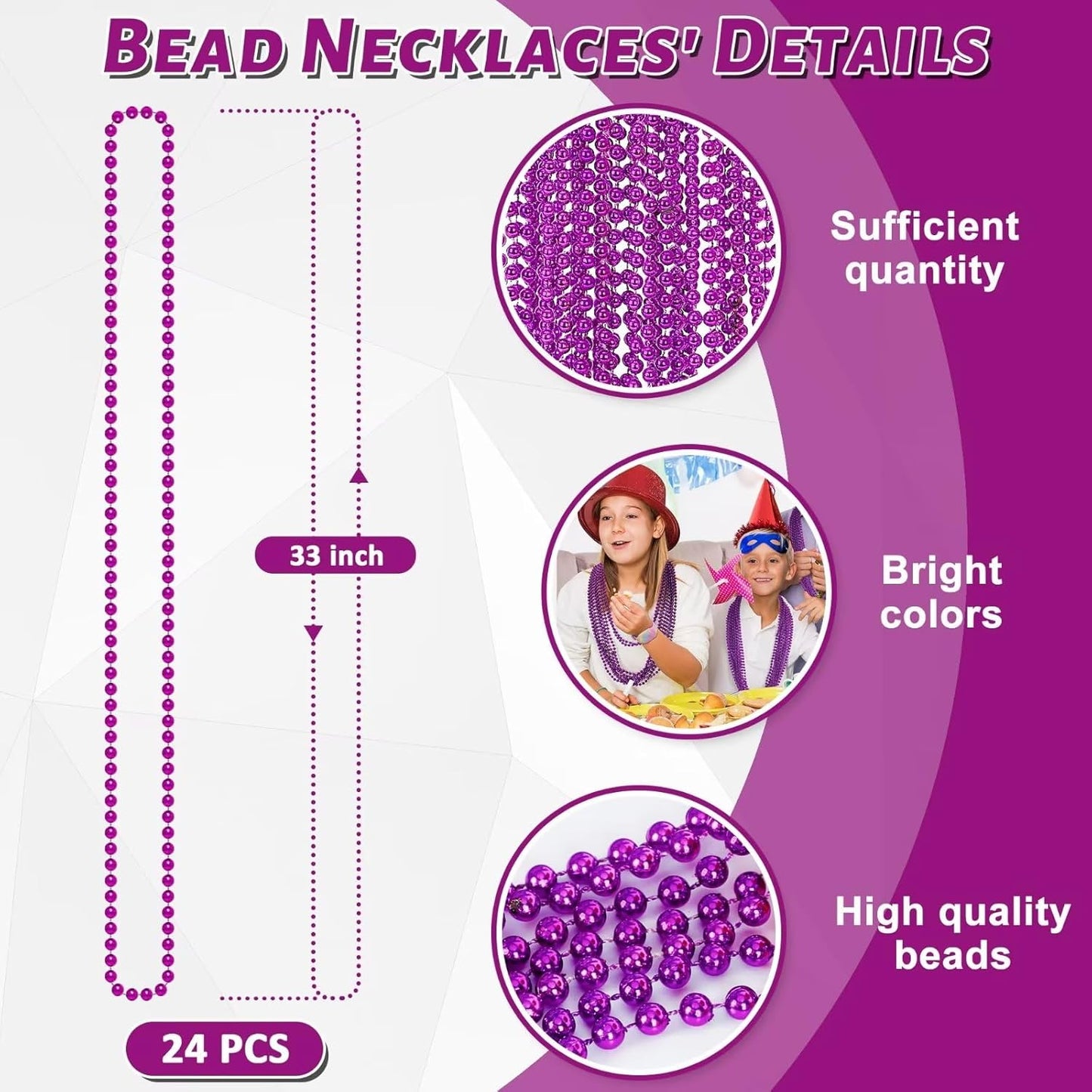24PCS Mardi Gras Beads, Purple Bead Necklace Party Favors, 33" Halloween Necklaces Set, Festival Parade Events Throw Accessories for Halloween Mardi Gras Wedding Birthday Celebrations Decor