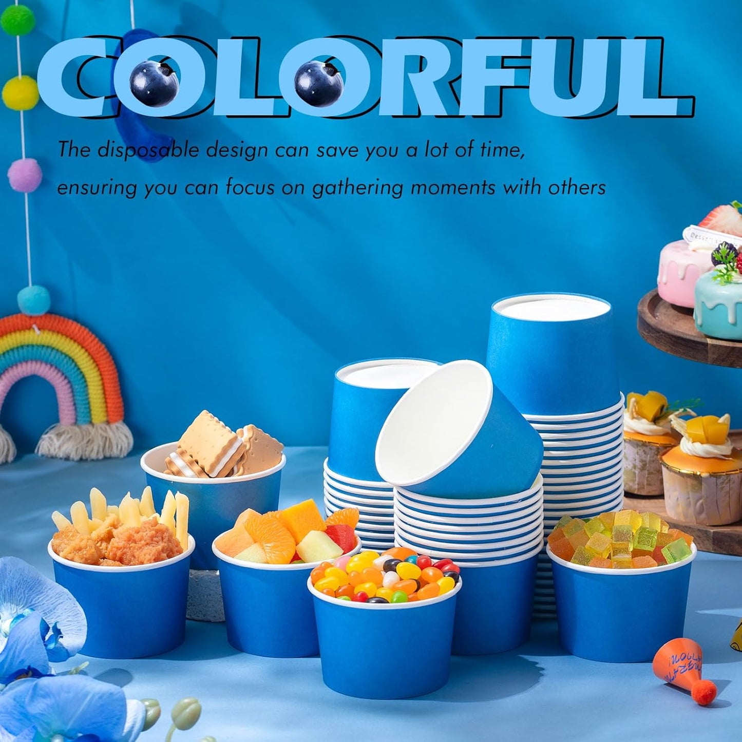 Paper Ice Cream Cups 9oz Colored Disposable Dessert Bowls for Hot or Cold Food Party Cups for Birthday Baby Shower Easter Party Supplies(Blue,60 Pcs)