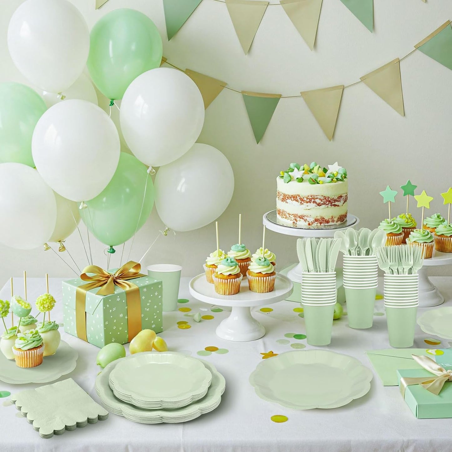 175 Pcs Sage Green Plates and Napkins Set, 25 Guest Sage Green Party Supplies Include Scalloped Plate Napkin Cup Forks Knives Disposable Plastic Cutlery for Wedding Baby Shower Birthday