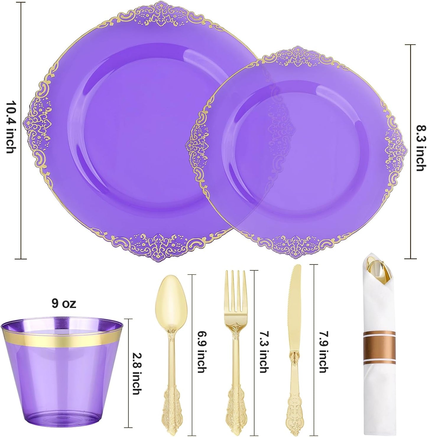 350 PCS Purple and Gold Plastic Plates, Disposable Dinnerware Set for 50 Guests, 100 Disposable Plates, 150 Silverwares, 50 Cups, 50 Napkins for Party, Wedding, Graduation