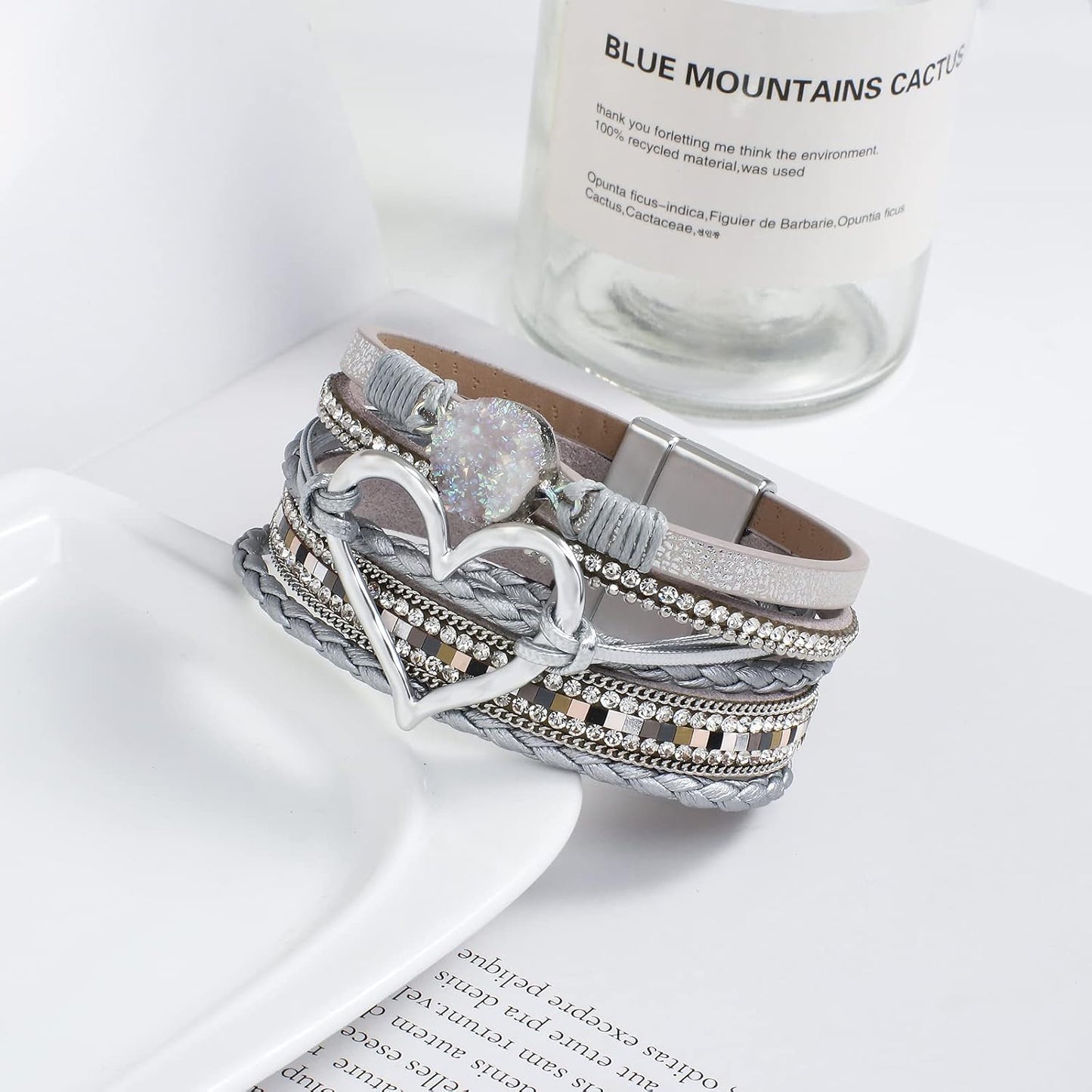 Leather Wrap Bracelet for Women Beaded Cuff Bracelet with Heart-shape Decor Bohemian Crystal Bracelet Jewelry with Clasp Bangle Bracelet for Women Girls Birthday Holiday Gift