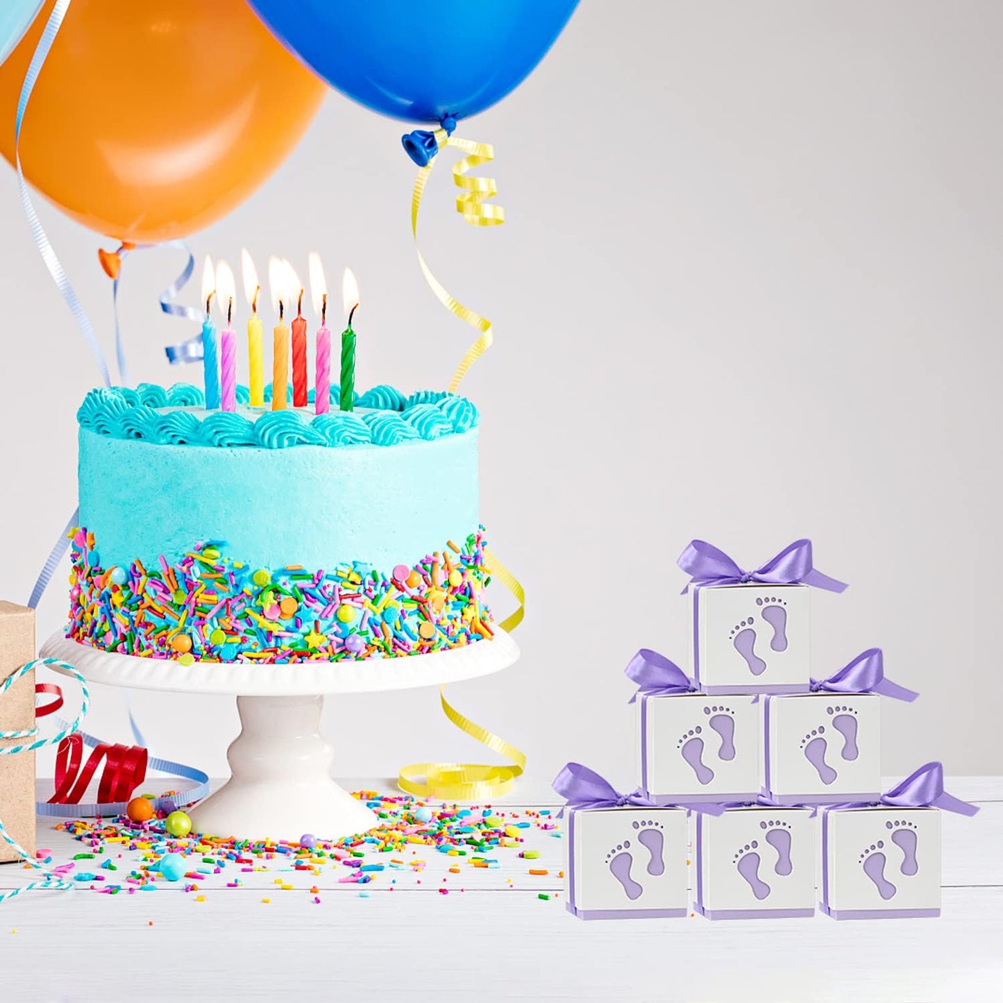 50pcs Baby Shower Party Favor Boxes, Footprint Design Candy Treat Gift Boxes for Kids Birthday Baby Shower Guests Wedding Party Supplies with Ribbon,Purple