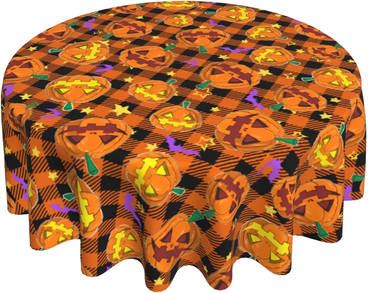 Giwawa Happy Halloween Round Tablecloth 60 Inch Spooky Pumpkins Bats Checkered Circle Table Cover Orange Black Buffalo Plaids Table Cloth Washable Polyester for Dining Kitchen Party Holiday Decor