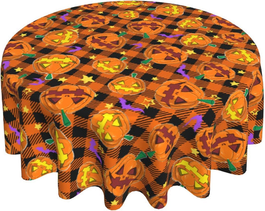 Giwawa Happy Halloween Round Tablecloth 60 Inch Spooky Pumpkins Bats Checkered Circle Table Cover Orange Black Buffalo Plaids Table Cloth Washable Polyester for Dining Kitchen Party Holiday Decor