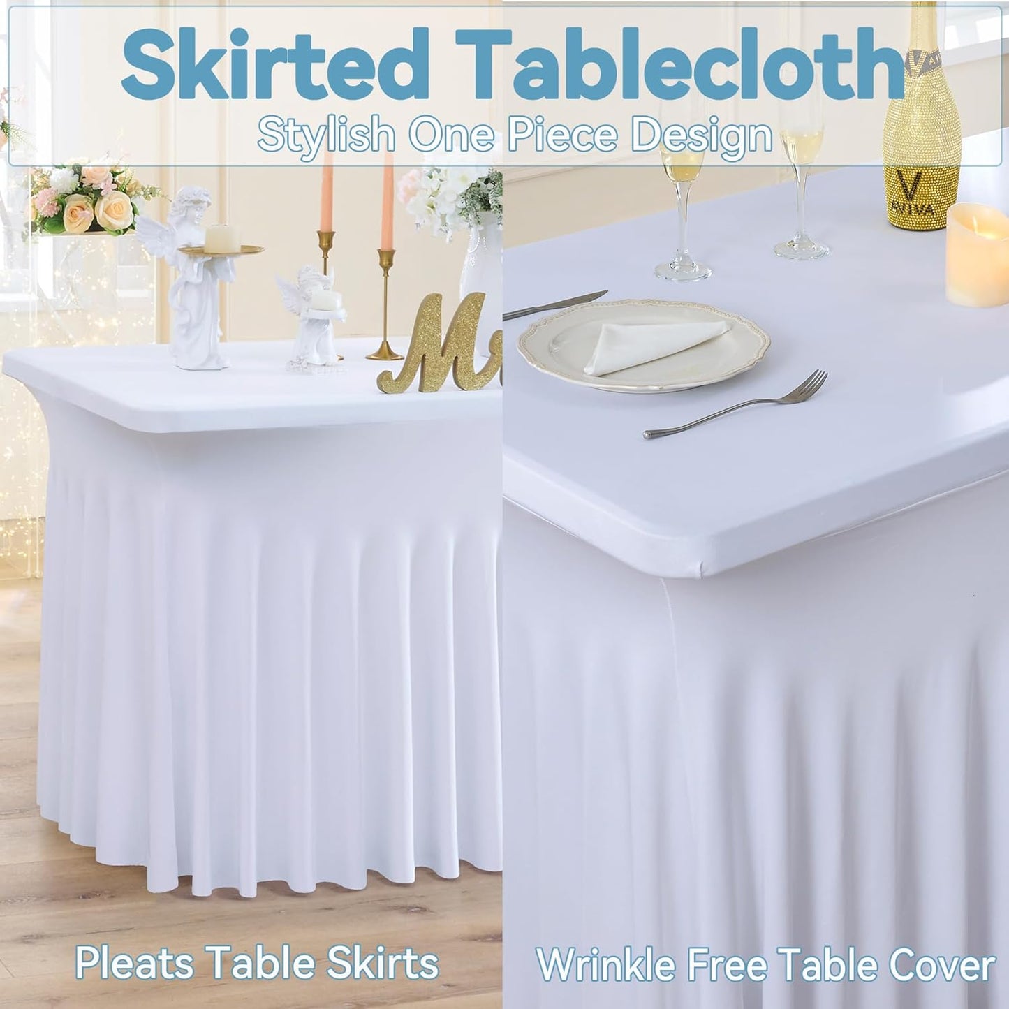 NSSONBEN 4 Pack White Spandex Tablecloth 6ft, Wrinkle Free High Stretch Fitted Tablecloths for 6 Foot Rectangle Tables, Elastic Spandex Table Covers 6ft with Pleats Skirt for Party Wedding Banquet
