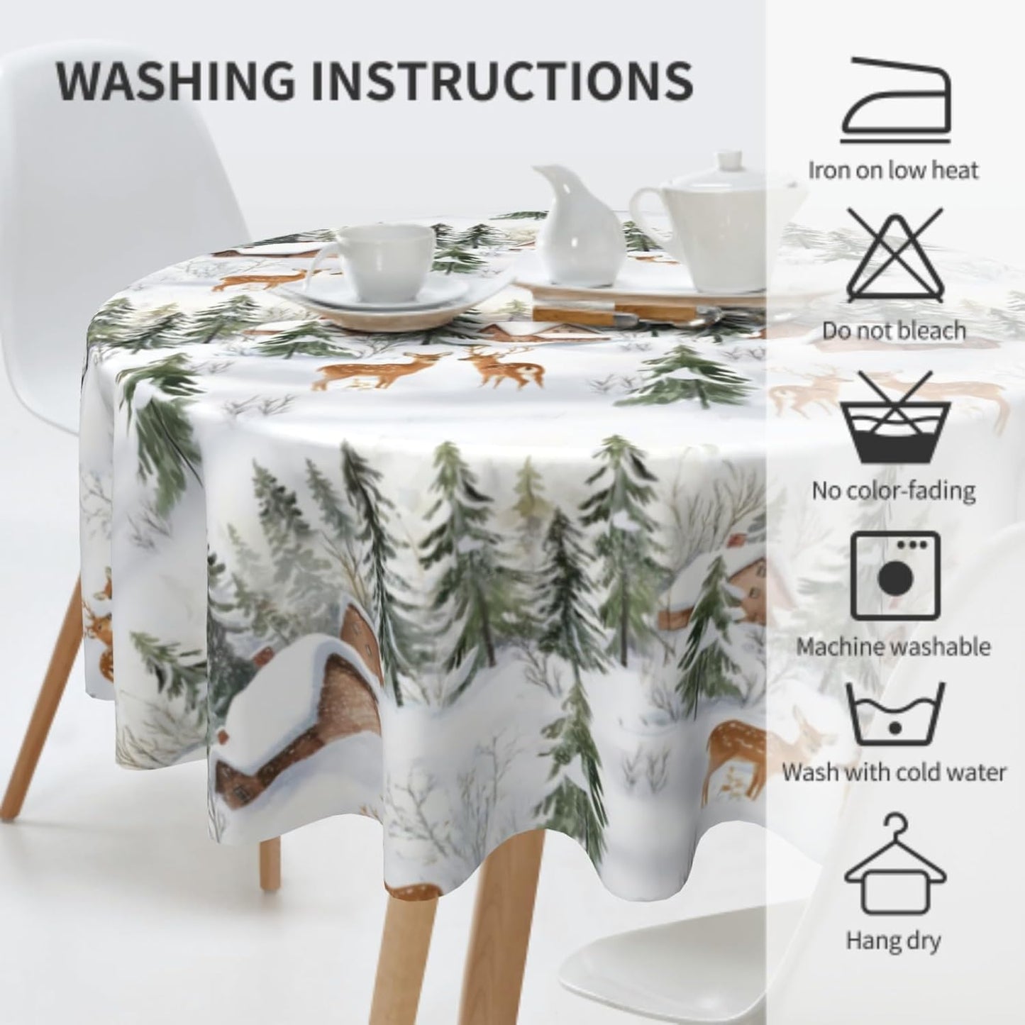 Giwawa Winter Deer Round Tablecloth- 60Inch Christmas Reindeer Elk Trees Table Cover- Xmas Snow Scene Farmhouse Table Cloth Heat Stain Resistant for Kitchen Dining Holiday Indoor Outdoor Decor