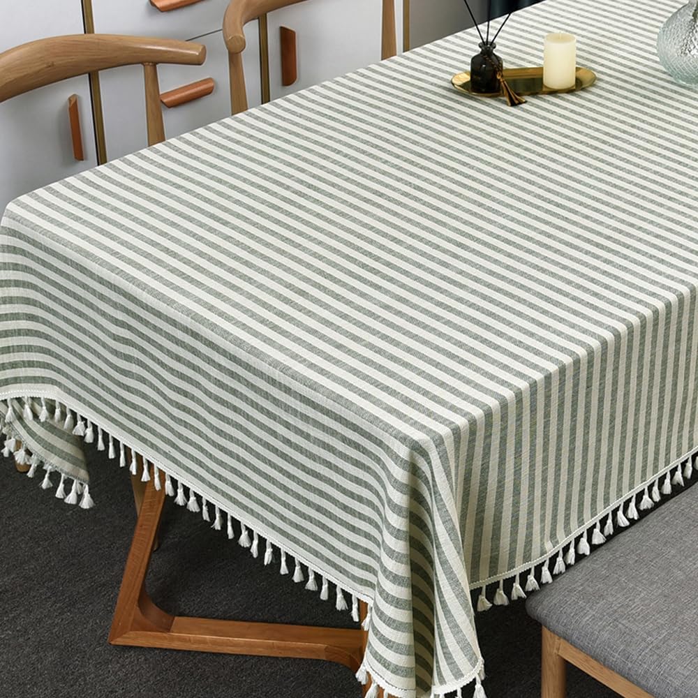 TruDelve Cloth Tablecloths Rectangular Olive Green Stripe Cotton Tablecloth Rectangle Dining Table Cover for 6 Foot Tables (Green,86"x55",Rectangular)