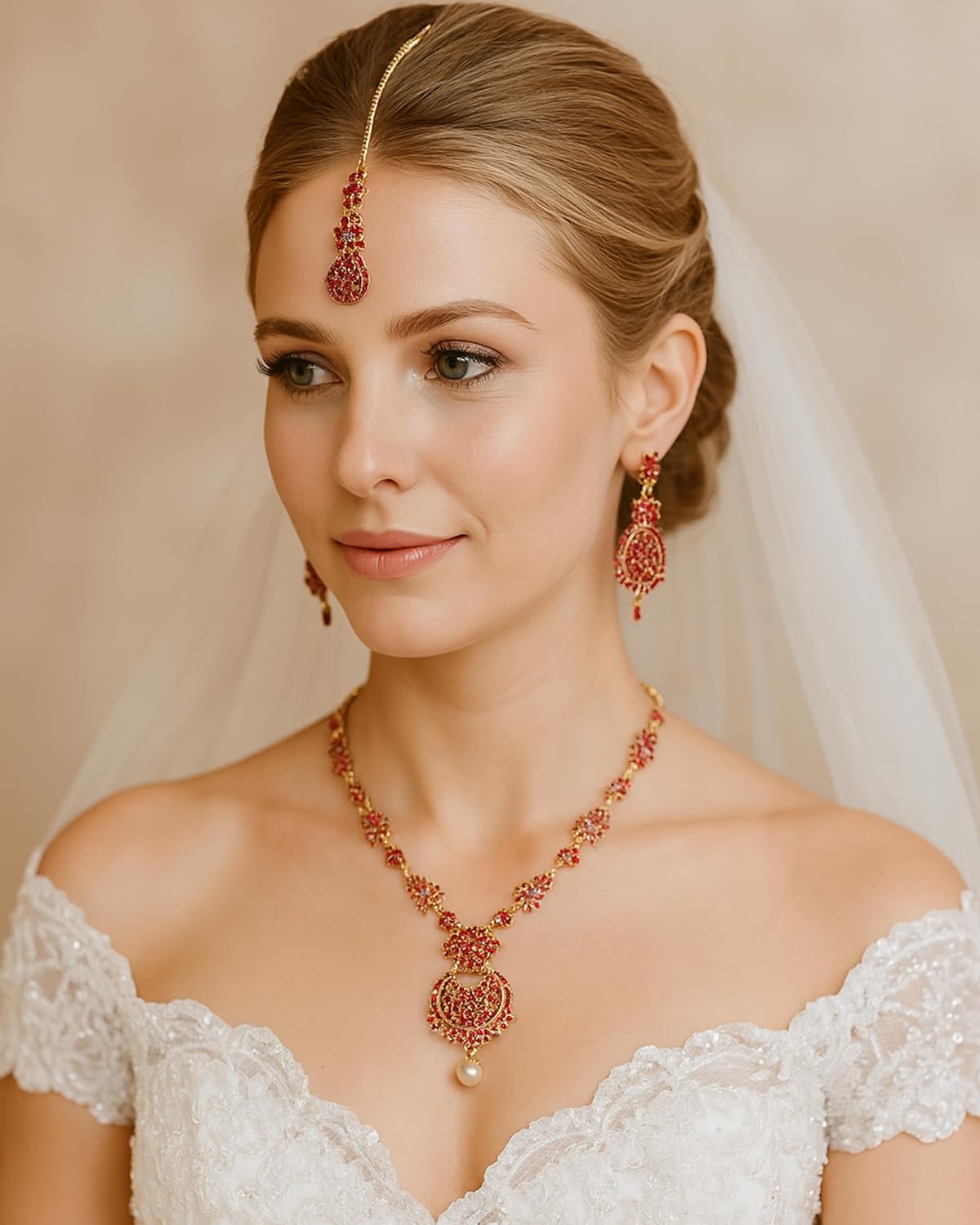 Touchstone Indian jewelry sets for women maang tikka wedding guest gold necklace bollywood jewellery set pageant elegant prom bride accessories western crystal chunky rhinestone necklaces