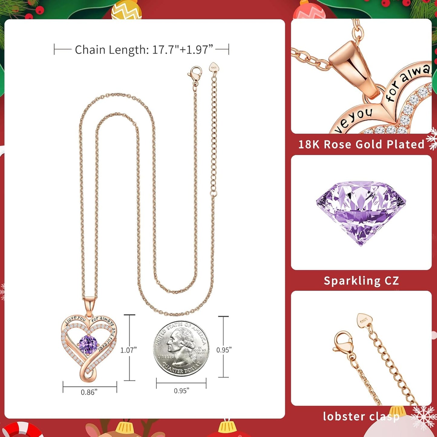 18K Rose Gold Infinity Love Heart Birthstone Necklace for Women Wife, Anniversary for Women Wife Birthday Gift for Her Girlfriend Mom Daughters, I Love You Women's Jewelry S925 Sterling Silver