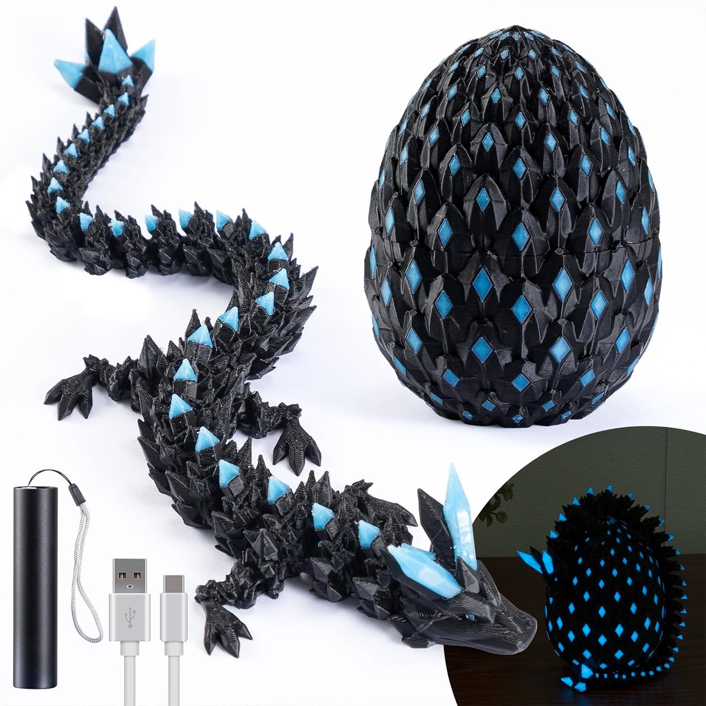 11.81" 3D Printed Glow in The Dark Dragon with Egg & USB UV Flashlight, Crystal Articulated Dragon Fidget Toy for Kids, Dragon Egg Gift for Boys Girls Ages 4+, Birthday Halloween