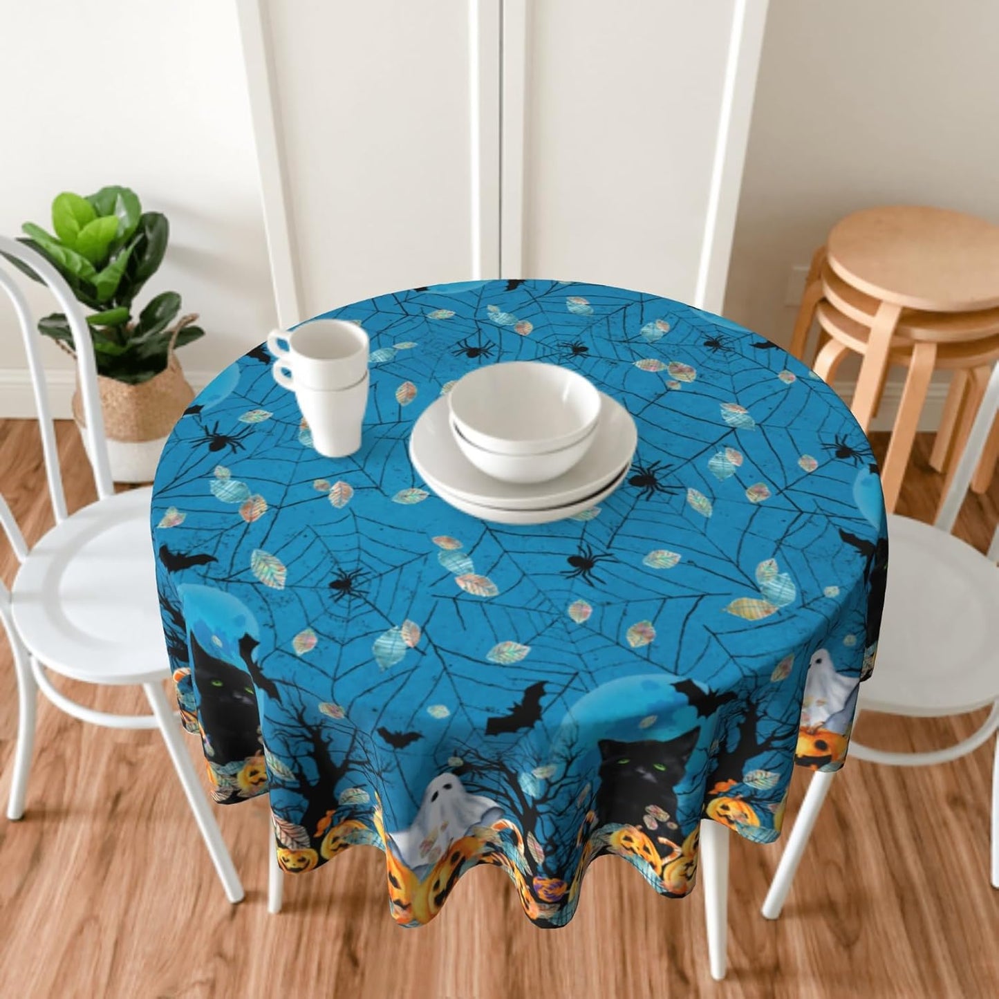 Giwawa Halloween Round Tablecloth, Blue Spooky Ghost Pumpkins Black Cats Bats Spider Web Table Cloth 60Inch for Kitchen Dining, Wipeable Fabric Non-Slip Table Cover for Holiday Picnic Camping Decor