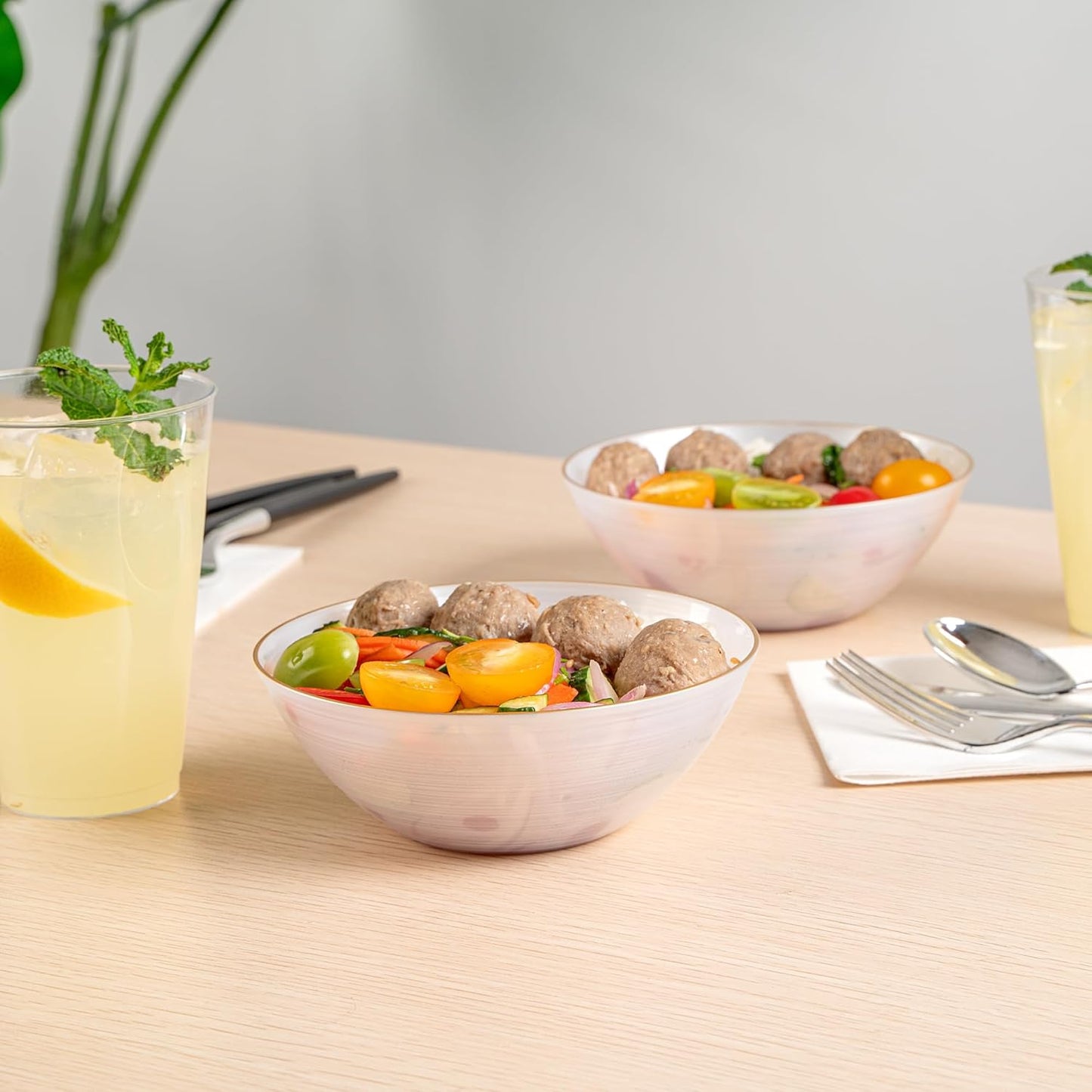 Restaurantware Plastic Bowls 100 Pcs 16 oz Gold Rimmed Disposable Soup Bowls Heavy-Duty White Translucent Rippled Dinnerware Containers for Party, Desserts, Salads, Snacks, and Catering