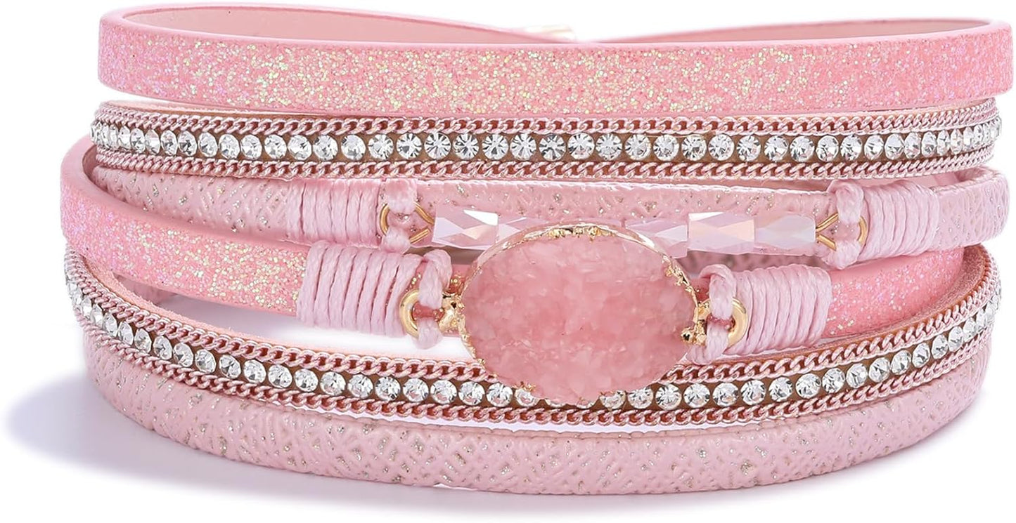 FANCY SHINY Leather Wrap Bracelet Boho Cuff Bangle Bracelets Crystal Bead Bracelet with Magnetic Clasp Jewelry Gifts for Women