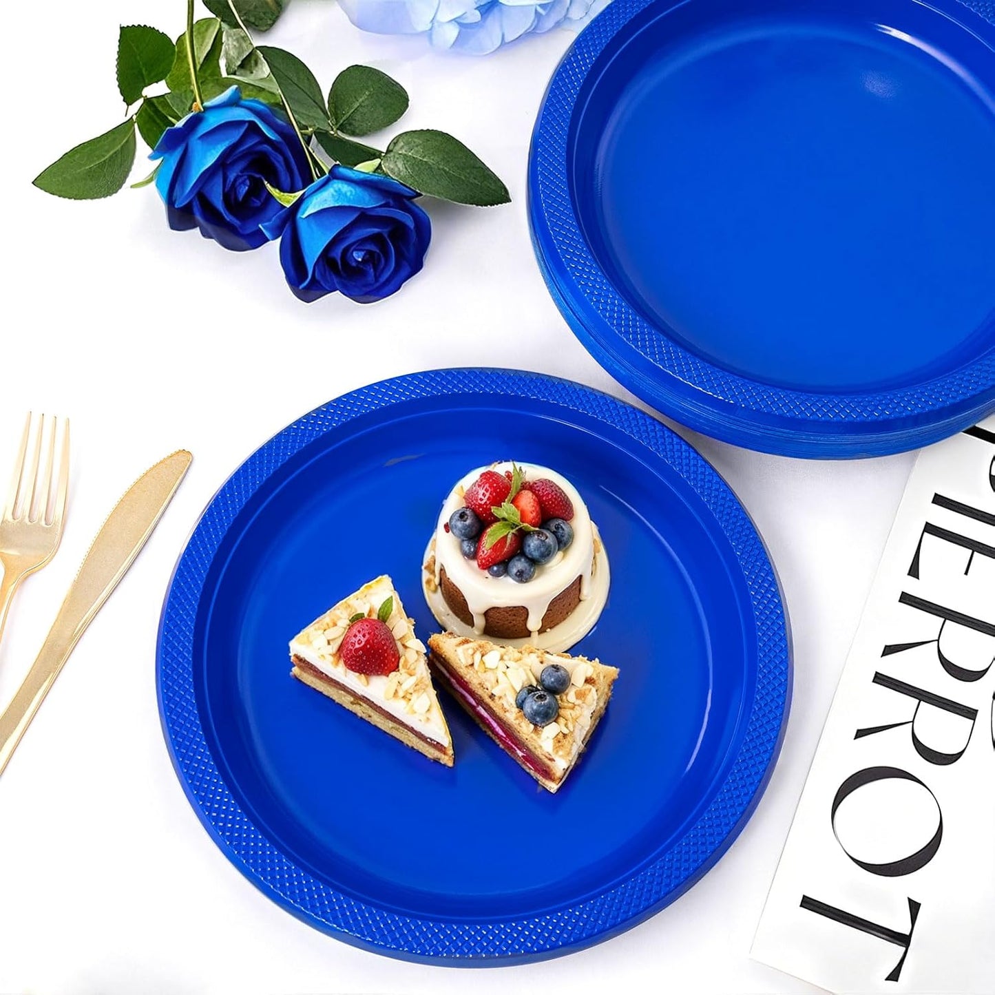 WELLIFE Royal Blue Party Plates 10 Inch -150 Count, Disposable Plastic Dark Blue Dinner Plates for Party Dessert Cake Appetizer