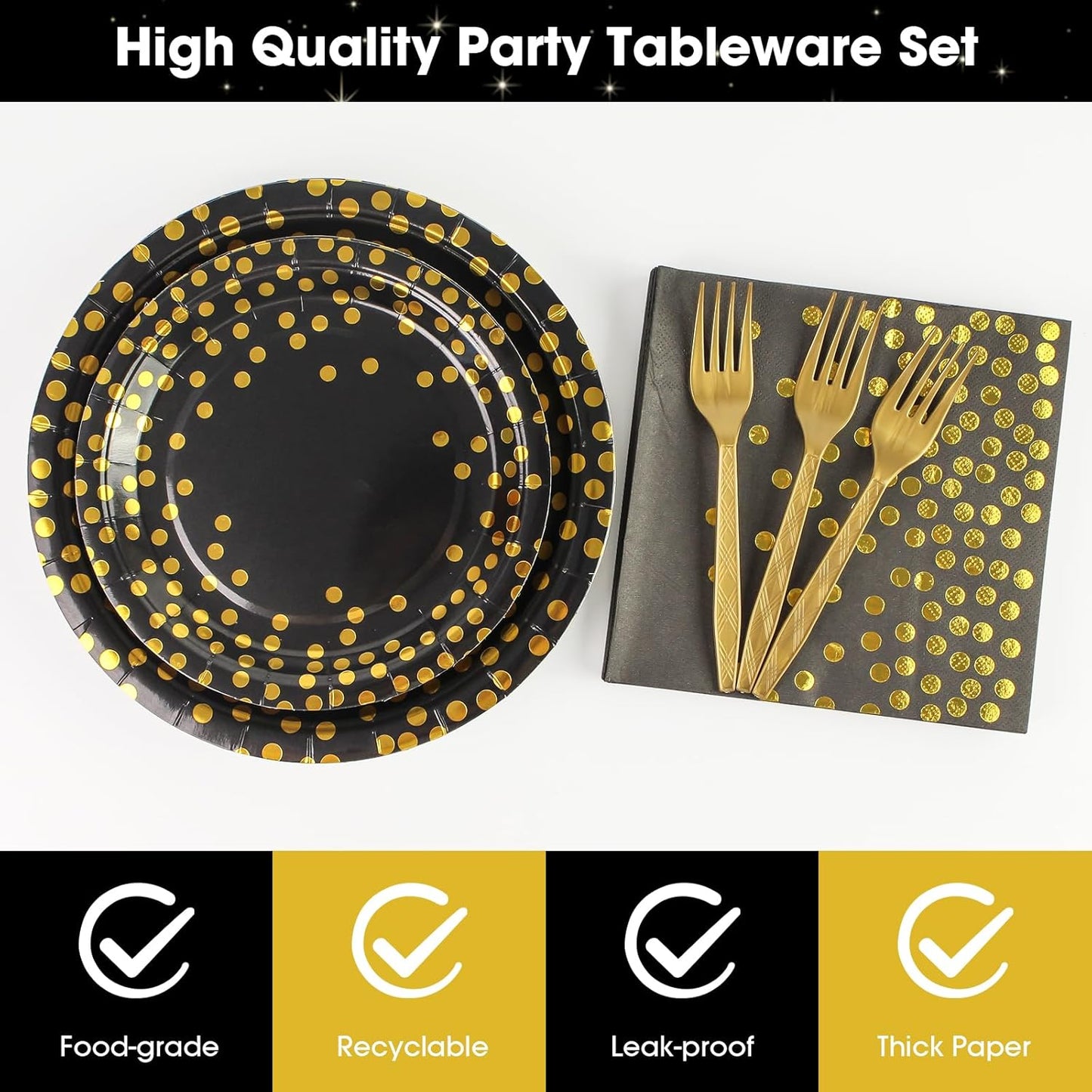 96PCS Black and Gold Plates and Napkins Party Supplies, Gold Dot Disposable Paper Plates and Napkins with Forks Tableware Set for Birthday Wedding Retirement Graduation Party Decorations 24 Guests