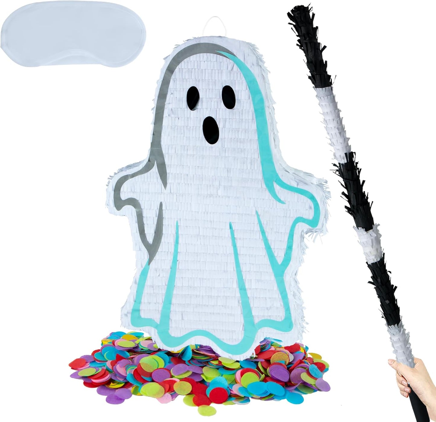 PCFING 21.6 Inch Halloween Ghost Piñata with 30 Inch Piñata Stick Blindfold Confetti for Boy Girl Adults Halloween Scary Party Decorations，Candy Game，Trick Treat Party