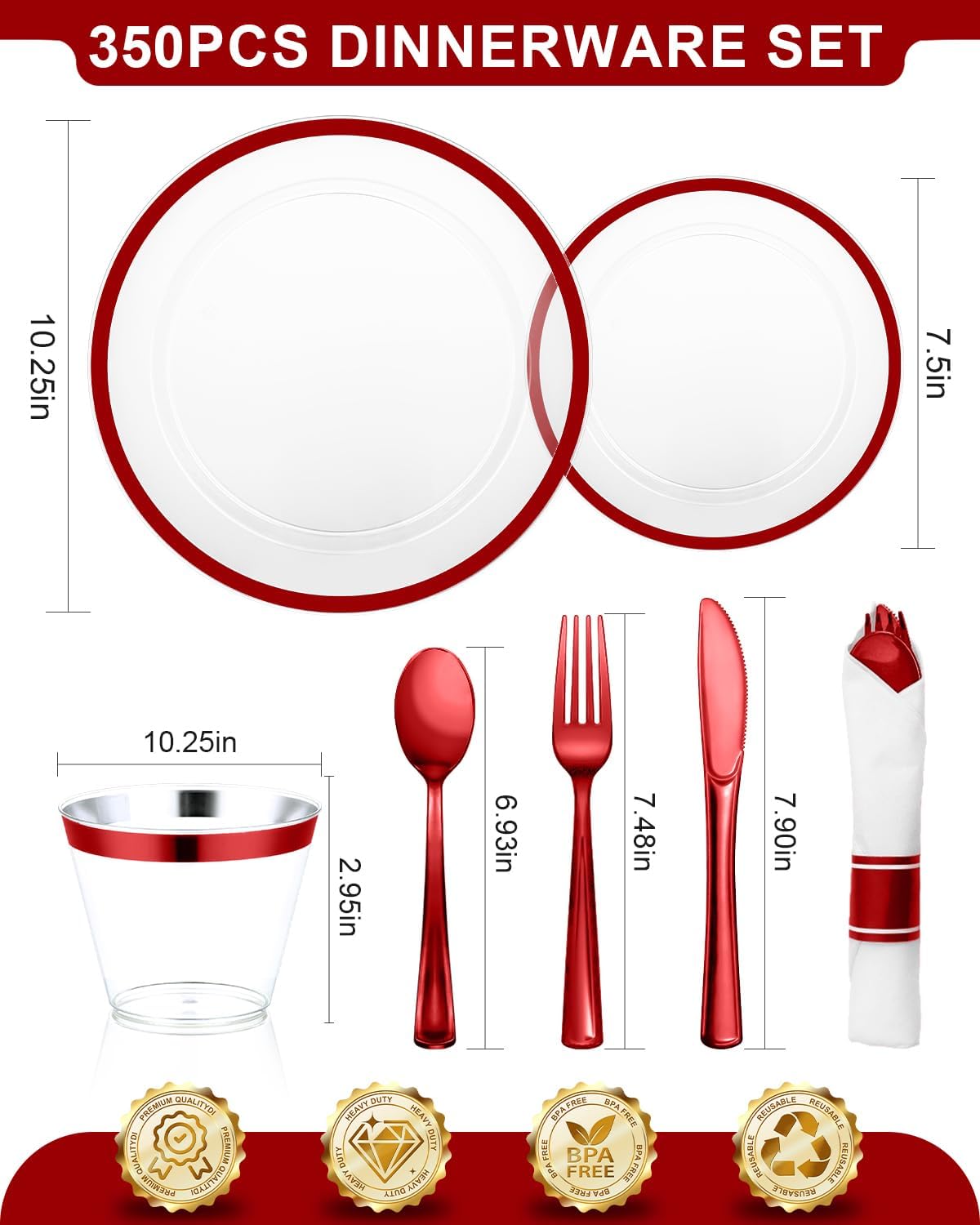 350PCS Plastic Plates for Party, Disposable Clear Red Dinnerware Sets for 50 Guests,100 Plastic Plates, 50 Cups,50 Pre-Rolled Napkins with Cutlery for Party, Thanksgiving, Christmas, Wedding