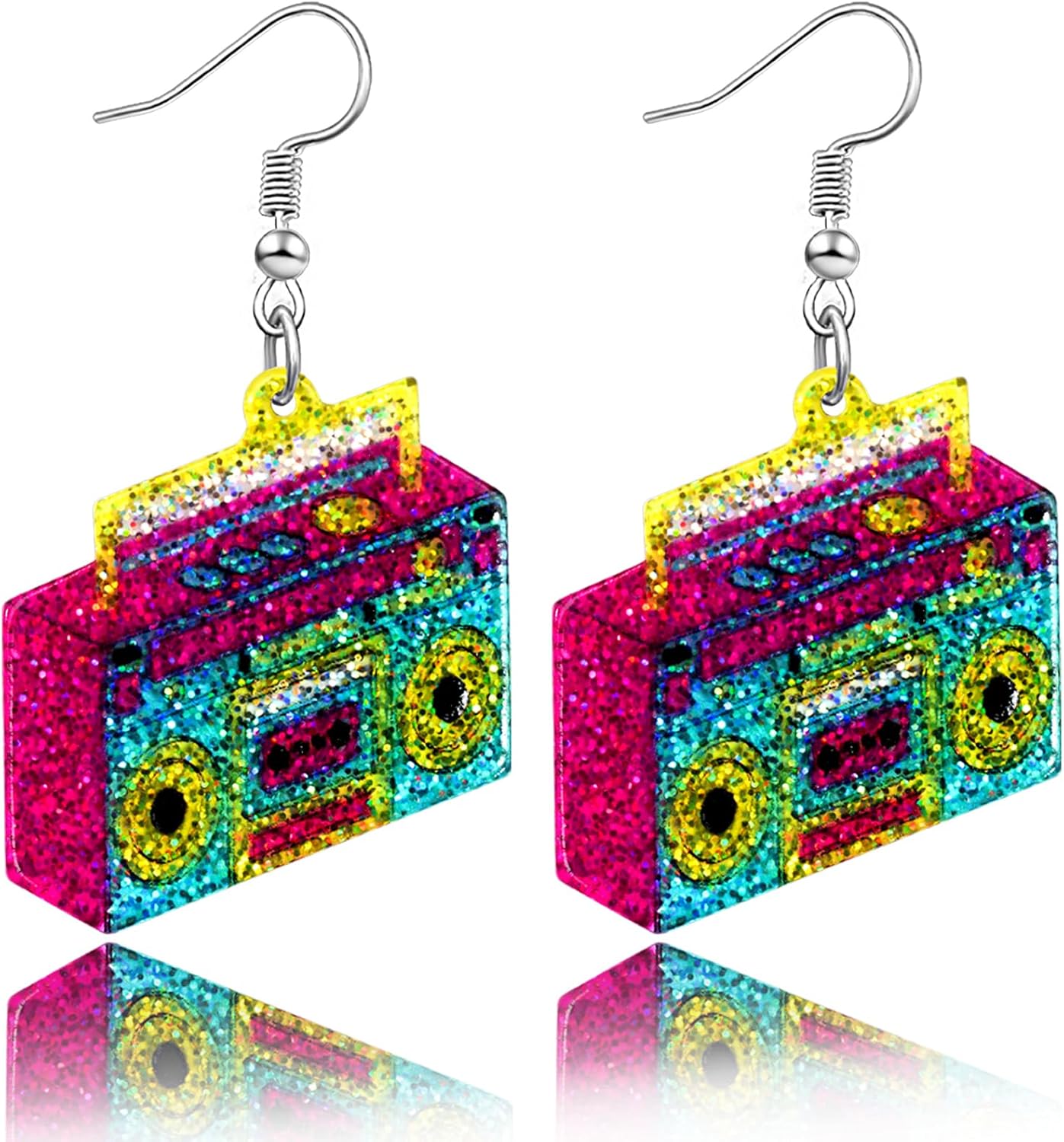 90s 80s Earrings for Women Retro Cassette Tape Earrings Acrylic Radio Tape Drop Dangle Earring for Halloween Cosplay Glow Party Music Festival Costume Accessories