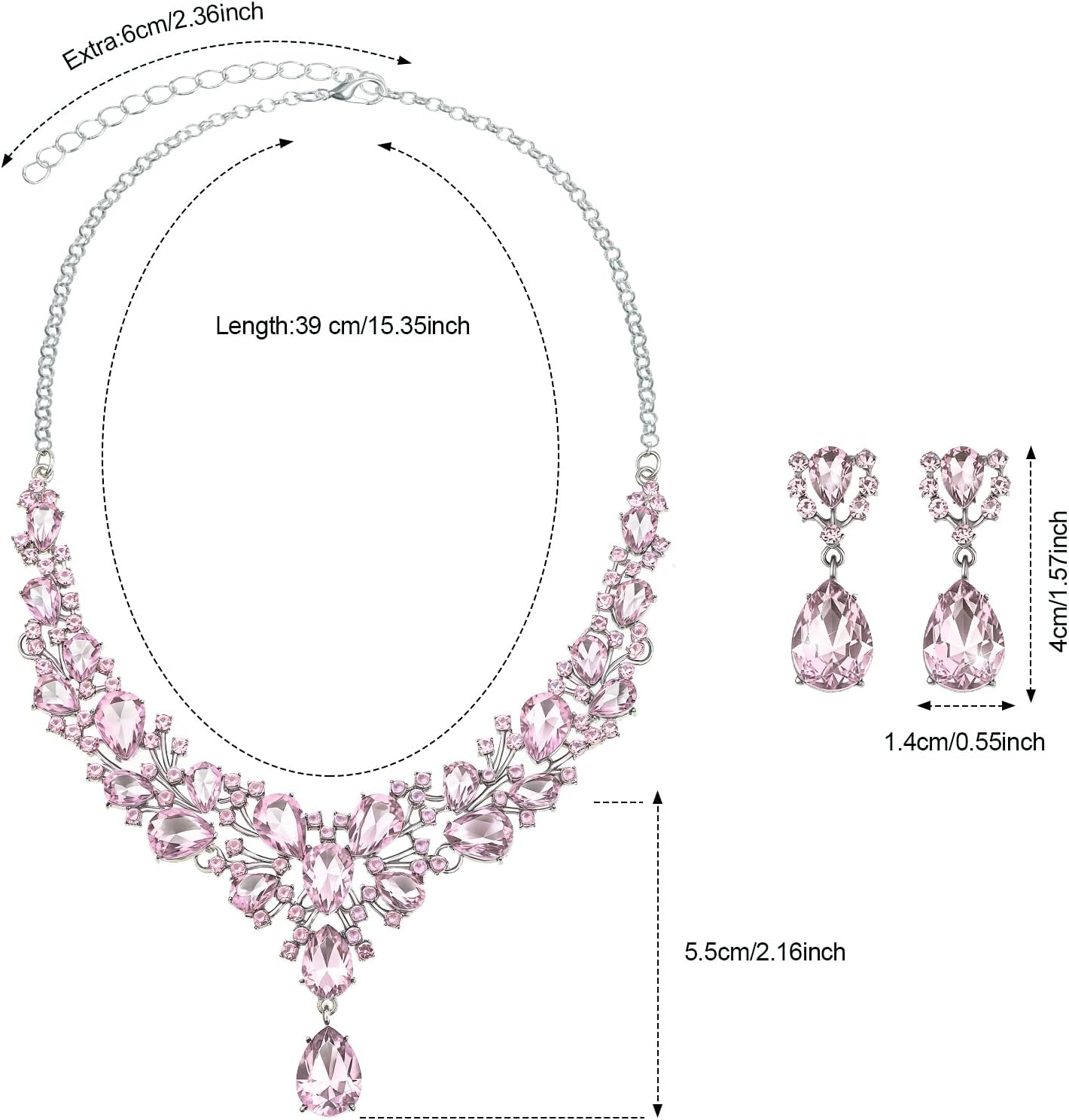 Hicarer Bridal Teardrop Cluster Crystal Jewelry Set for Women Necklace Earrings Wedding