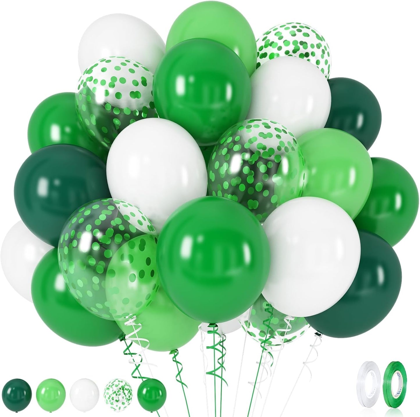 60 Pack Green Latex Balloons, 12 Inch Matte White Dark Emerald Green Light Lime Green Confetti Helium Balloons, Assorted Green White Balloons for Jungle Dinosaur Birthday Baby Shower Party Decorations