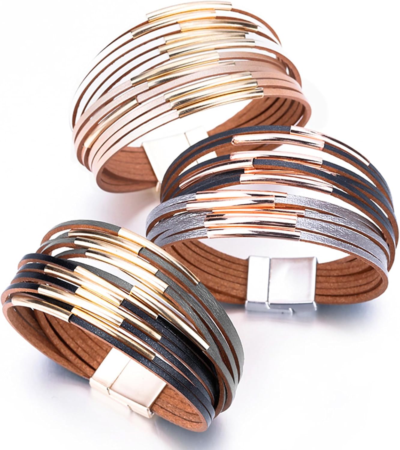 Fesciory Leather Wrap Bracelets for Women, Boho Leopard Multi-Layer Crystal Beads Cuff Bracelet Jewelry