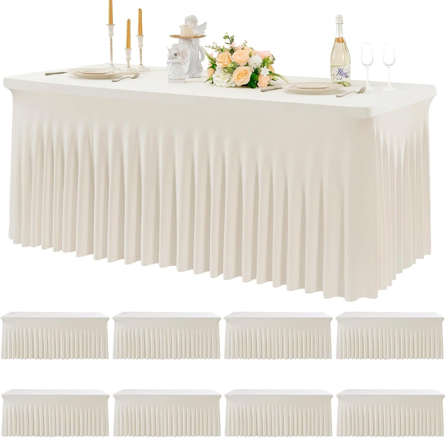 8pk Spandex Ivory Tablecloths for 6 Foot Rectangle Tables, Stretch Table Cloths 6ft Fitted Table Cover Desk Skirt for Parties Weddings Birthday Banquet Baby Shower