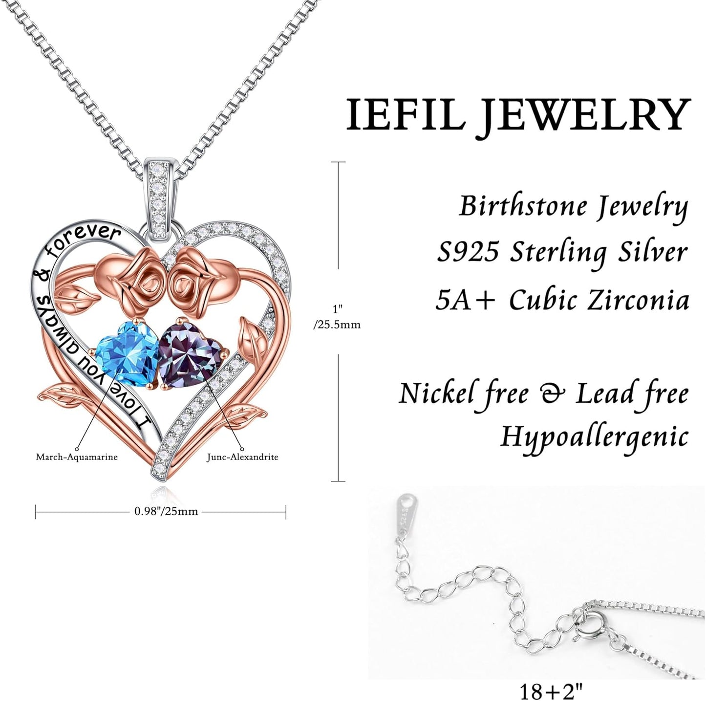 Iefil Rose Heart Double Birthstone Necklace Gifts for Wife Her Mom Women, Birthstone Jewelry Gemstone Birthday Gifts for Girlfriend Grandma Her Wife Women