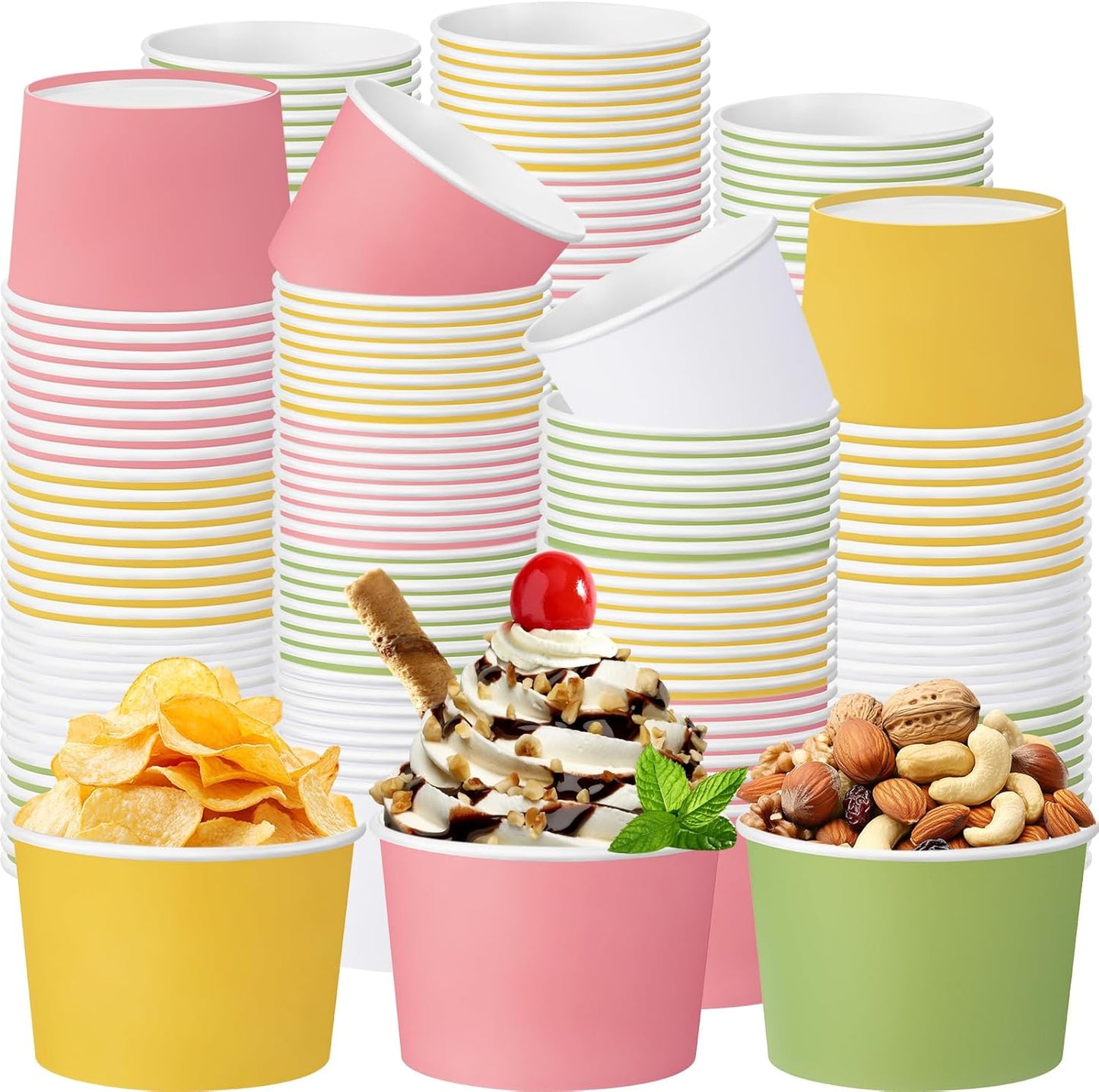 Paper Ice Cream Cups 9oz Colored Disposable Dessert Bowls for Hot or Cold Food Party Cups for Birthday Baby Shower Easter Party Supplies(Pink and Sage Green,60 Pcs)