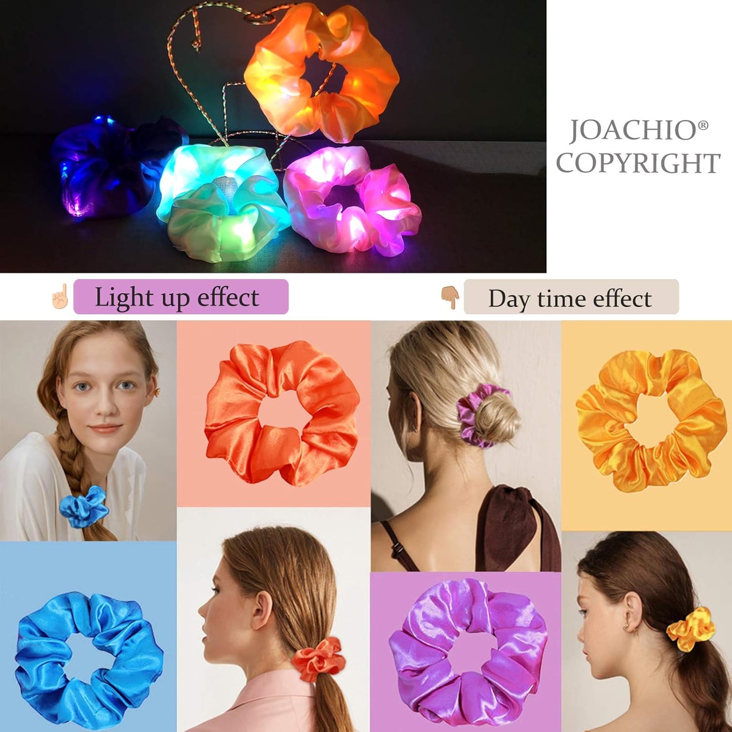 12 Pcs Light Up Scrunchies, LED Scrunchies Neon Satin Ponytail Hair Tie Glow in the Dark Hair Accessories for Women Birthday Christmas Rave