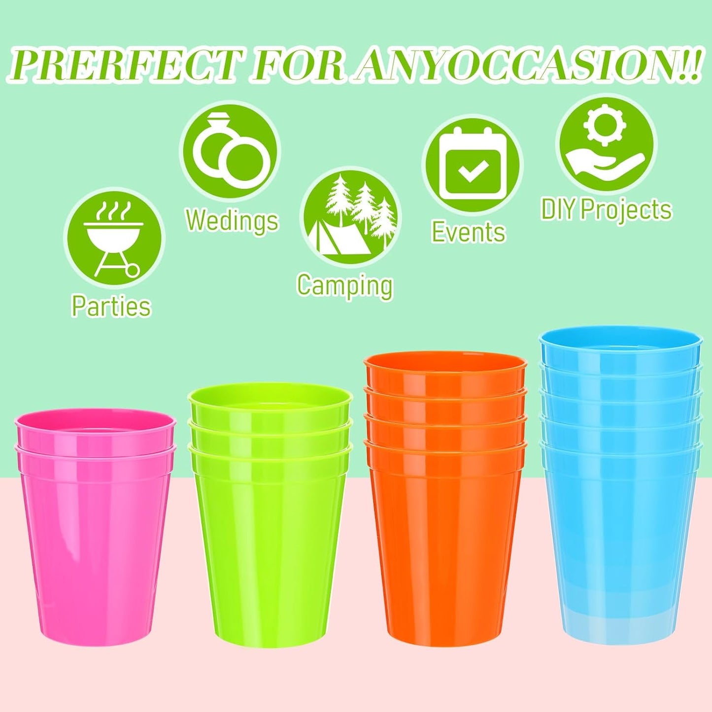 Yungyan 100 Pack 16oz Stadium Cups Reusable Plastic Cups Blank Drink Tumblers for Parties, Events, DIY Projects, 4.5 x 3.54 x 2.72 Inch (Bright Colors)