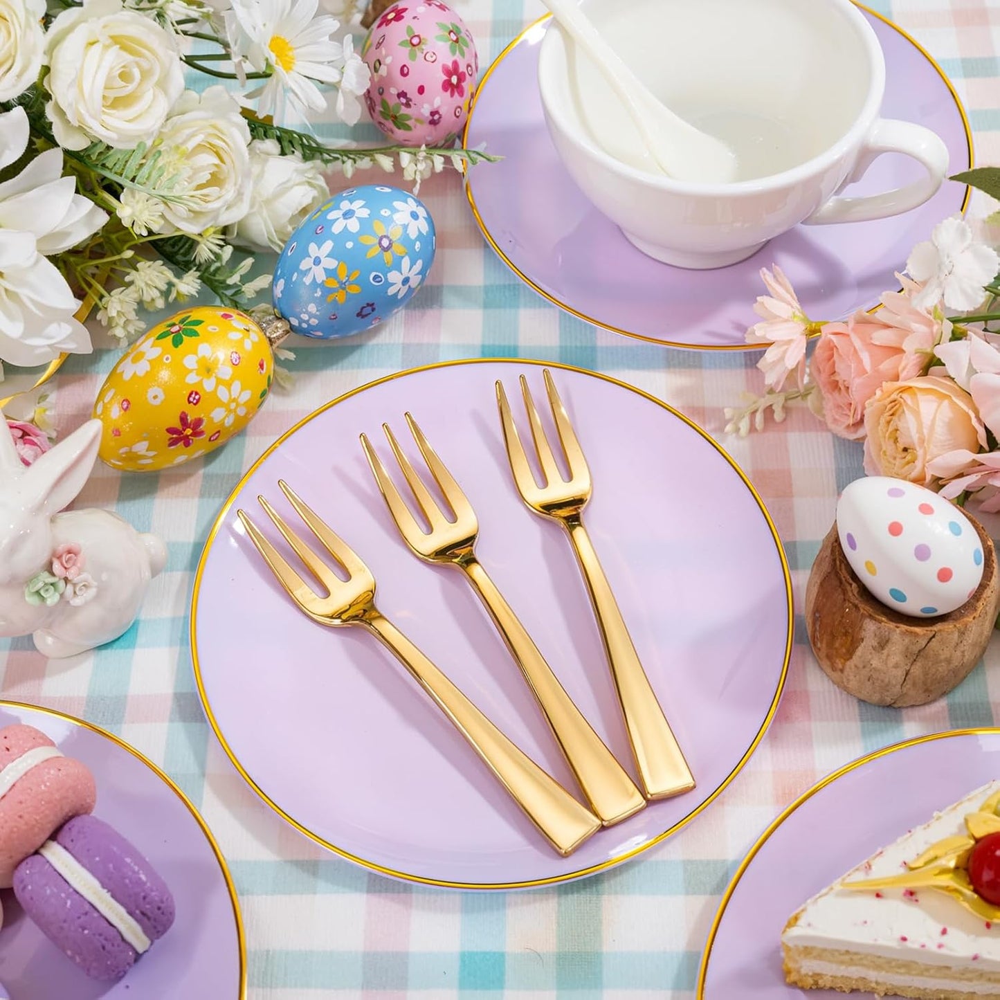 Festiva 200Pcs Purple Gold Dessert Plates 6.3" with Plastic Forks 5"- Disposable Lavender Purple Cake/Appetizer/Salad Plates - serve 100 guests for Party&Wedding&Easter