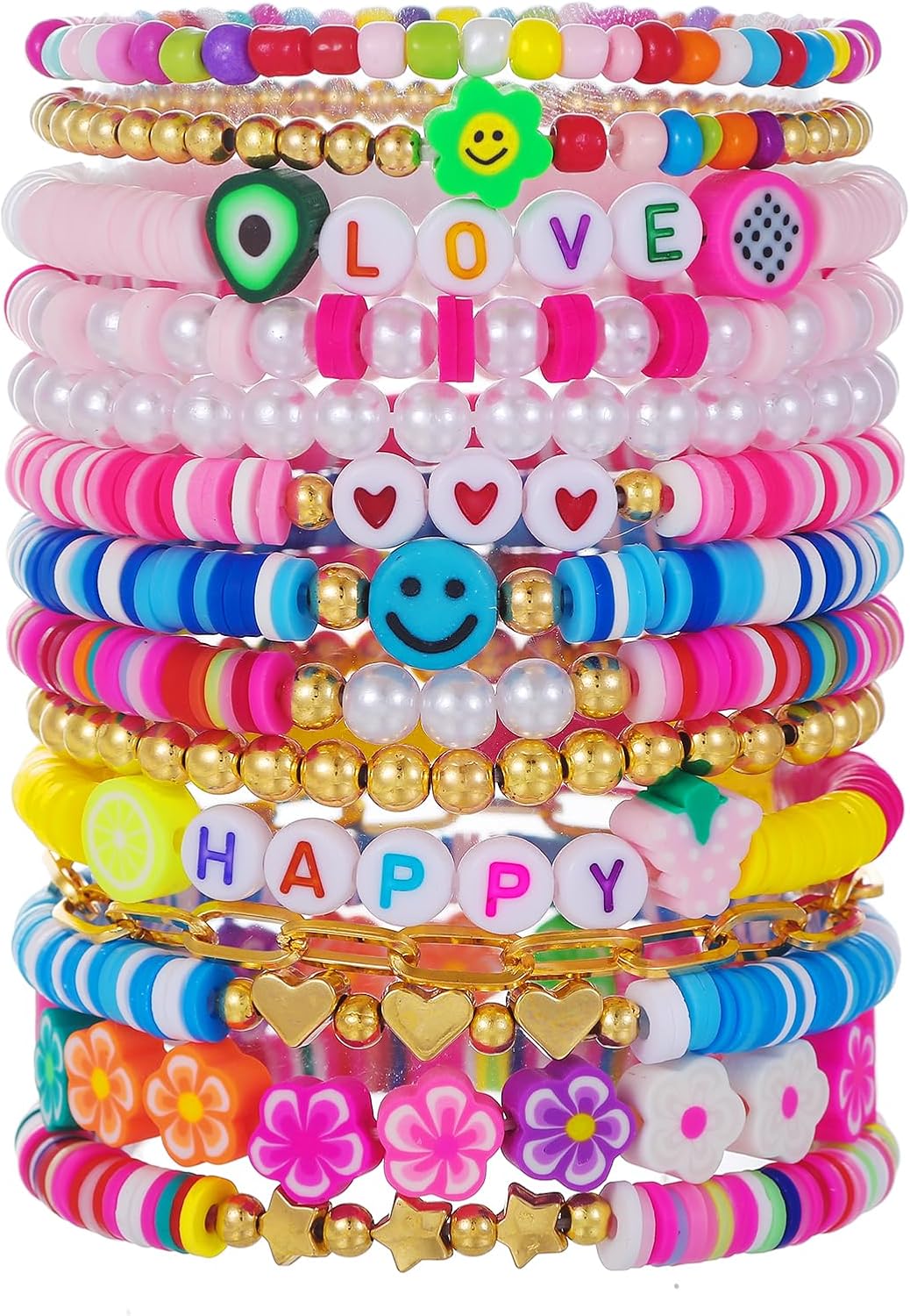 Heishi Surfer Clay Bead Bracelets Set for Women - Preppy Smile Evil Eye Beaded Stretch Bracelets Elastic Layering Friendship Bracelets- Stackable Boho Disc Summer Jewelry Set