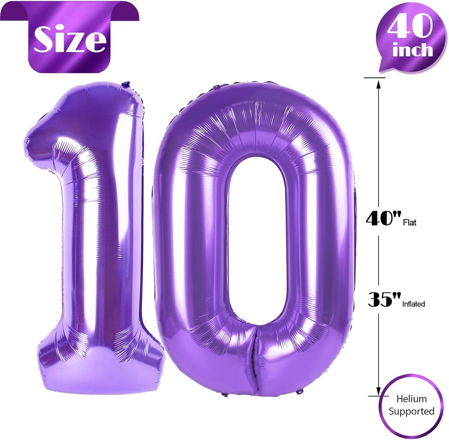 Purple Number 10 Balloon 40 inch, 10 Number Balloons, 10th Purple Birthday Decorations, 10 Year Old Girls Boys Party Supplies