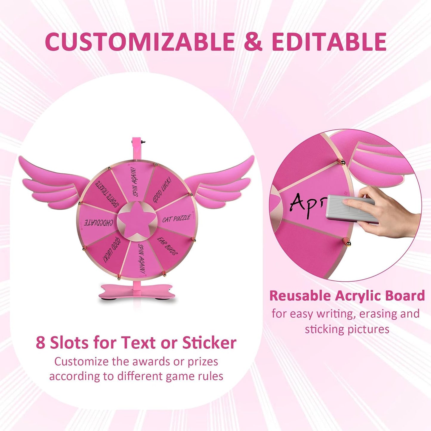 WinSpin 12" Pink Angel Prize Wheel Tabletop Spinning Fortune 8 Slots for Party Events Club Carnival Spinner Game Tradeshow