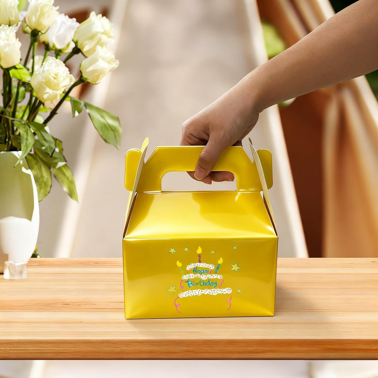 XAGLVV 24 Pack Yellow Gable Boxes with Handles 6.2x3.5x3.5 Inch Paper Party Favor Gift Box for Summer Parties Kids Birthdays Friendship Events Sunshine Themes