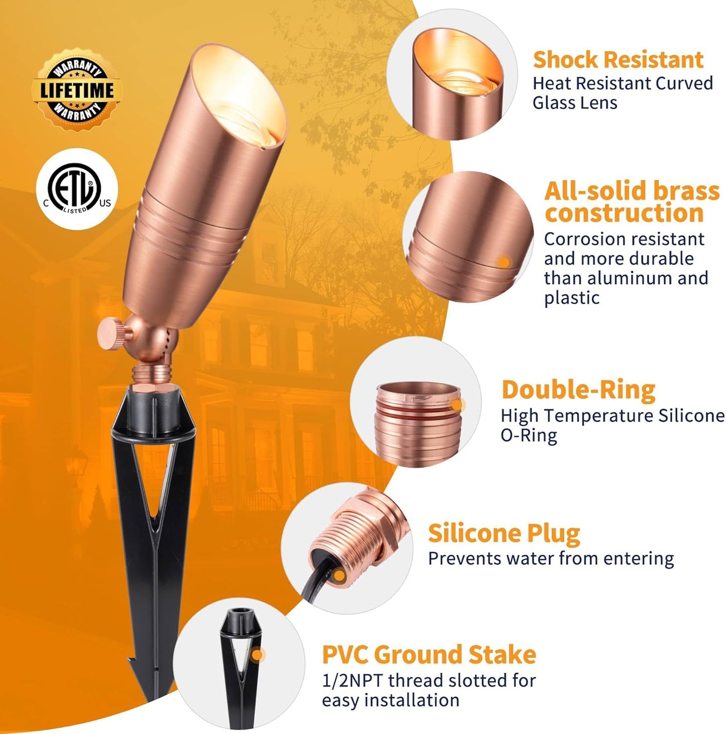 Gardenreet Brass Landscape Lighting - Low Voltage Spotlights Outdoor LED, 12V Wired Uplights, Waterproof Spot Lights, Copper for Outside Trees with 5W 2700K Warm White MR16 Bulb (4 Pack)