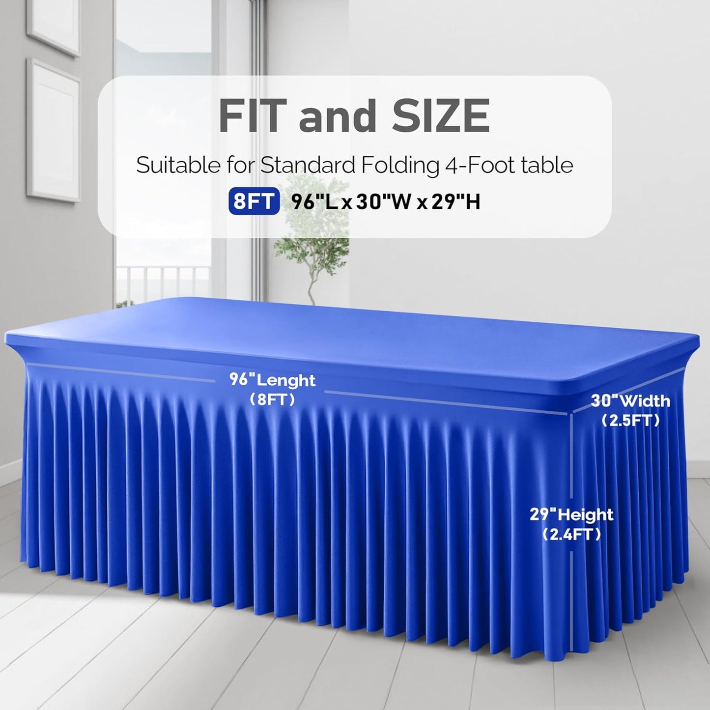 1 Pack Royal Blue Table Clothes for 8 Foot Rectangle Tables, One-Piece Wrinkle Resistant Stretch Spandex Table Covers with Skirt for Event Banquet Wedding Birthday Party