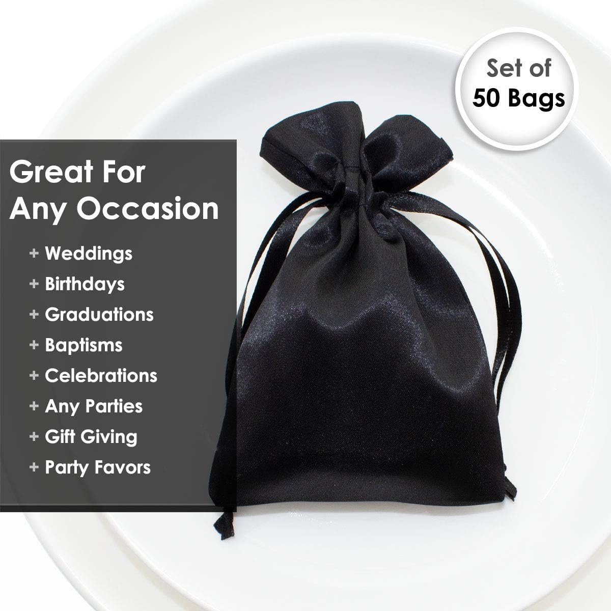 6" x 9" Black Satin Gift Bags, Jewelry Bags, Wedding Favor Drawstring Bags Baby Shower Christmas 50 per Pack