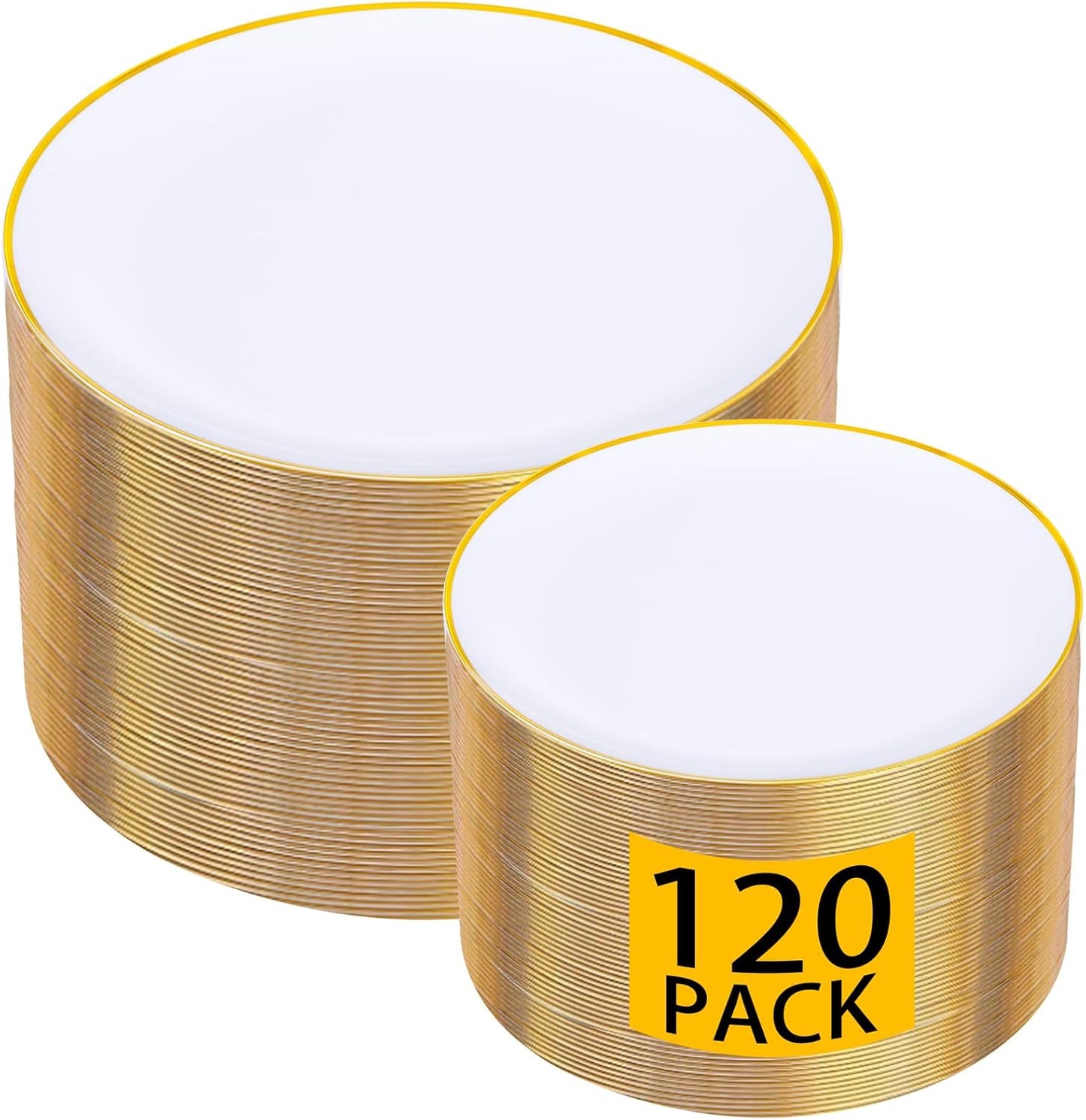LIYH 120 Pcs White and Gold Plastic Plates for Party Disposable Plates - White with Gold Rim for Wedding/Tea Party- Includes 10.25 Inch Dinner and 7.5 Inch Dessert/Salad Plate 60 Guests