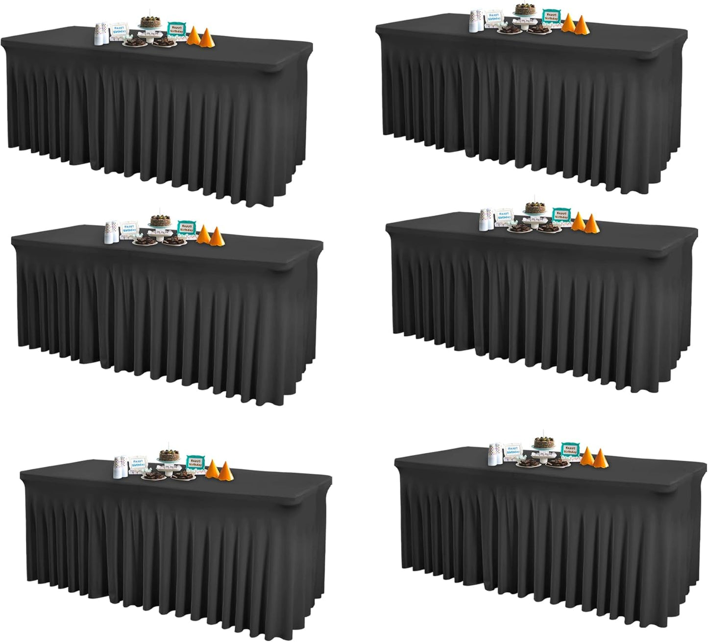 6 Packs Black Table Clothes for 8 Foot Rectangle Tables, One-Piece Wrinkle Resistant Stretch Spandex Table Covers with Skirt for Event Banquet Wedding Birthday Party