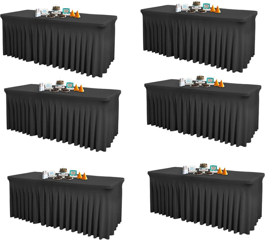 6 Packs Black Table Clothes for 6 Foot Rectangle Tables, One-Piece Wrinkle Resistant Stretch Spandex Table Covers with Skirt for Event Banquet Wedding Birthday Party